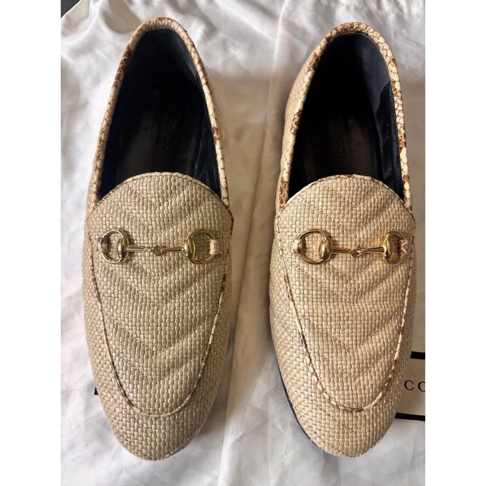 Gucci Jordaan Quilted‎ Raffia Horsebit Loafers 36.5